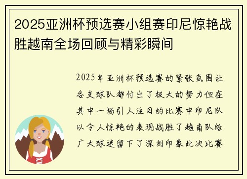 2025亚洲杯预选赛小组赛印尼惊艳战胜越南全场回顾与精彩瞬间